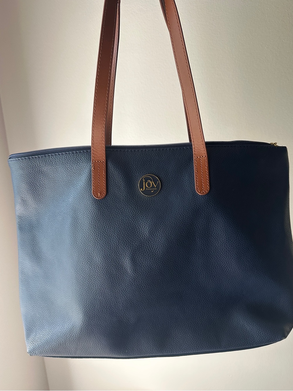 Navy Leather Tote Bag with Brown Handles